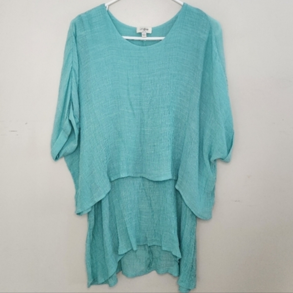 EUC UMGEE 3-Quarter-Sleeve Scoop-Neck Layered Flowy Oversized Hi-Lo Tunic Blouse